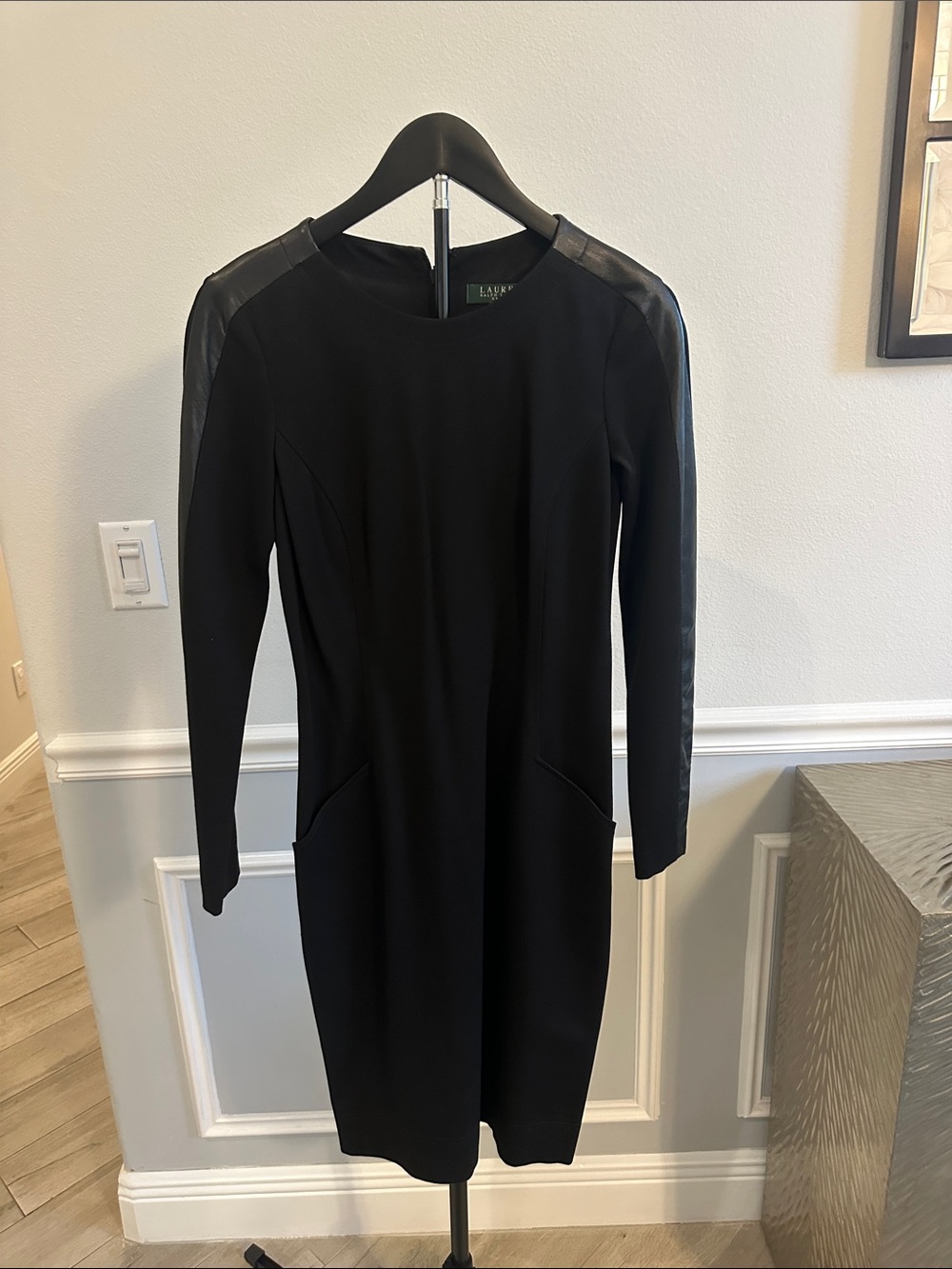 Ralph Lauren Black Long-Sleeve Sheath Dress with Leather-Trim Shoulders